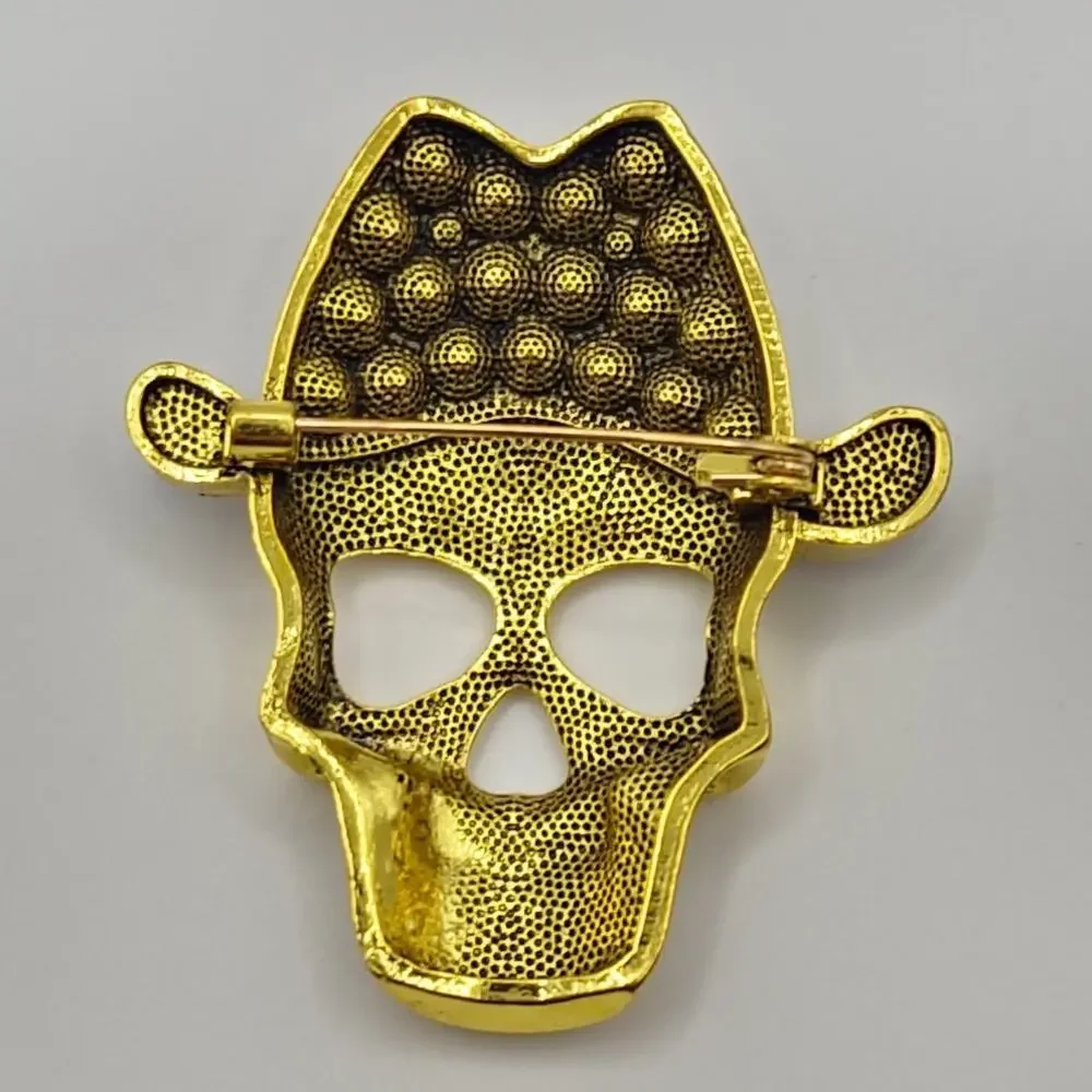 Skull in a Cowboy Hat Brooch Rhinestones on Gold Tone Metal Goth Halloween